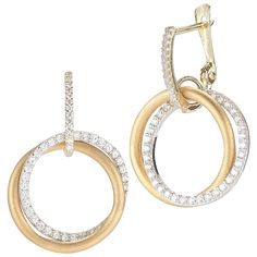 14 Karat Yellow Gold Satin-Finished Interlocking Circle of Love Dangling Earrings, Enhanced with 0.70 Carats of Pave Set Diamonds on a Leverback. Expensive Jewelry Luxury, Circle Diamond, Precious Jewels, Gold Satin, Expensive Jewelry, Dangling Earrings, Crystal Rhinestone, Tech Accessories, Jewelry Sales