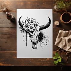 a cow skull with flowers on it's head