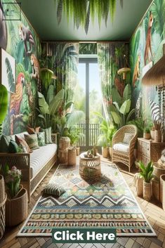 a living room filled with lots of green plants and animals on the wall next to a window