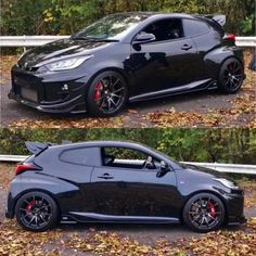 two pictures of a black car parked in front of some trees and leaves on the ground