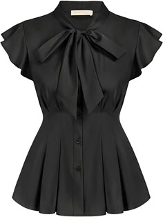 Tie Front Shirt Outfit, Black Ruffled Blouse With Short Sleeves, Ruffled Button-up Blouse For Office, Feminine Tie Neck Blouse With Bow, Vintage Short-sleeve Blouse With Ruffles, Elegant Midi Skirt, Black Ruffled Button-up Blouse, Bow Tie Blouse