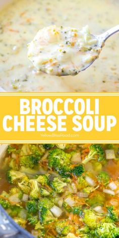 broccoli cheese soup in a bowl with a spoon