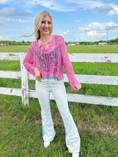 The perfect top for a festival, swim cover up or everyday wear! Pink crochet with tie on the chest slightly cropped TTS, model is wearing a size small and is 5' 7" and normally a size 2/4 Trendy Cropped Crochet Top For Vacation, Bohemian Stretch Crochet Top For Spring, Spring Bohemian Stretch Crochet Top, Spring Bohemian Crochet Top, Bohemian Spring Crochet Top, Spring Cropped Stretch Crochet Top, Stretch Cropped Crochet Top For Spring, Trendy Open Knit Crop Top For Beach, Spring Crochet Cropped Top With Open Knit