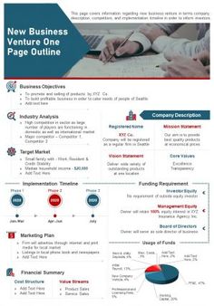 the new business venture one page outline is shown in red and blue, with an image of