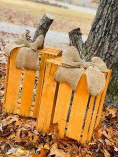 two wooden crates with burlocks tied to them sitting in leaves next to a tree