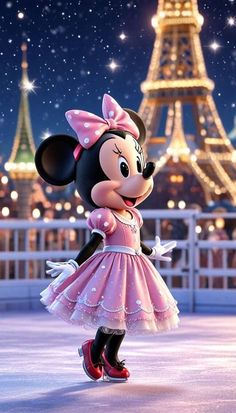 minnie mouse in front of the eiffel tower