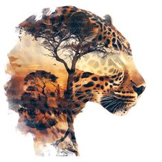 a painting of a leopard's head with trees in the background and watercolor