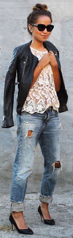 Lace Edgy Jacket, Boyfriend Jeans Style, White Lace Top, Outfit Trends, Ținută Casual, Modieuze Outfits