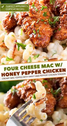 the cover of four cheese macaroni with honey pepper chicken on a white plate