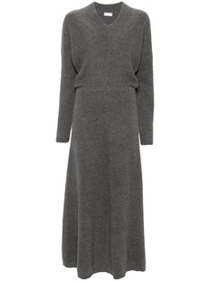 medium grey cashmere ribbed knit mélange effect V-neck drop shoulder long sleeves maxi skirt ribbed hem unlined Knit Maxi Dress, Grey Maxi Dress, Dress Silver, City Dress, Maxi Knit Dress, Knitted Dress, Summer Beach Wear, Silver Dress, Dolce & Gabbana