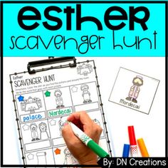 a hand holding a marker next to a clipboard with the words esher scavenger hunt on it