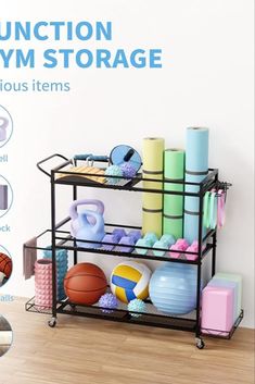 a rack with various gym items on it