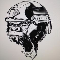 a black and white drawing of a gorilla wearing a helmet with an american flag on it