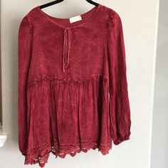 Nwt Altar’d State Blouse Chic Burgundy Tops For Spring, Casual Red V-neck Peasant Top, Long Sleeve Burgundy Blouse For Summer, Casual Long Sleeve Rayon Tops, Burgundy Long Sleeve Summer Blouse, Red Cotton Blouse For Brunch, Burgundy Long Sleeve Blouse For Summer, Casual Long Sleeve Burgundy Blouse, Red Long Sleeve Blouse For Day Out