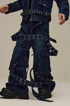 FLYERRER Paneled Double-Layered Riveted Strap Jeans | PROJECTISR US Men’s Couture Fashion, Jean Paul Gaultier 80s, Men Streetwear Outfits Urban Fashion, Vogue Poses Men, Rave Jeans, Fashion Layering, Strap Jeans, Concept Fashion, Fashion Models Men