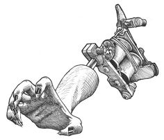 an ink drawing of a hand holding a tattoo machine