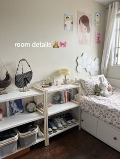 a room with a bed, book shelf and other items