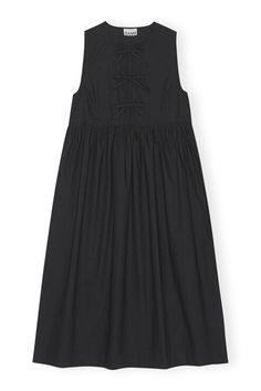 This Cotton Poplin Midi Dress is made from organic cotton. The dress is designed for a relaxed fit with an A-line silhouette and features a round neckline and three tie bands at the front. GANNI Sleeveless Cotton Poplin Midi Dress in Black | Women's Size 4 Ganni Dress, Size 12 Women, Linnet, Mode Inspo, Everyday Dresses, Look Casual, Black Midi Dress, Cotton Poplin, Black Cotton