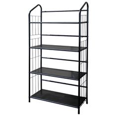 three tiered metal shelf with four shelves on one side, and two black shelves on the other