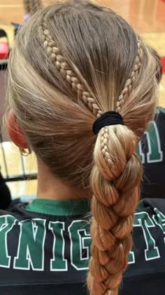 braided ponytail French Braid Under Ponytail, Dutch Braid Low Ponytail, Braid In A Ponytail, Volleyball Hairstyles No French Braids, Sports Hairstyles Ponytail, Ponytail With Plaits, Hair Styles Ponytail Braid, Hairstyles For Tumbling