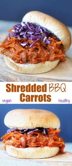 shredded bbq carrots on a bun with meat in the middle and red cabbage