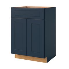 a blue cabinet with two doors and one drawer on the bottom, against a white background