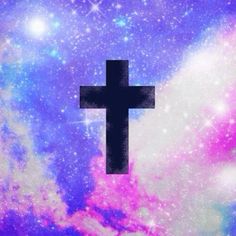 a cross is in the middle of a colorful space filled with stars and other things