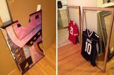 two mirrors with jerseys hanging on them in a room next to each other, one has a football jersey and the other is an american football jersey