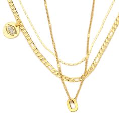 PURE NECKLACE SET which is a 2 chain set made of 18k Gold plated Stainless steel chain. it comes with one short thin chain and longer thin chain with tiny oval charm and a thicker chain with the Evil Eye pendant. Gold-plated Initial Pendant Charm Necklace, Gold Plated Charm Necklace With Figaro Chain Pendant, Gold Plated Figaro Chain Charm Necklace With Pendant, Gold Plated Charm Necklace Choker, Gold Plated Figaro Chain Pendant Necklace, Gold-plated Figaro Chain Necklace, Tarnish Resistant Gold Plated Charm Choker, Layered Chains, Steel Chain