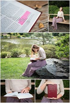 a woman sitting on a bench reading a book and holding an open book in her hands