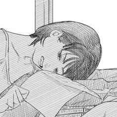 a drawing of a boy laying in bed with his head on the pillow and looking at something