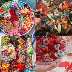 there are many different candies and candy in this collage, including one with the word love on it