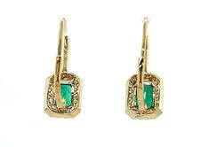 These gorgeous rectangular drop earrings feature a beautifully matched pair of rich, green emeralds framed by a sparkling halo of brilliant white diamonds! The emeralds weigh .98 carat total and are fine quality, clean and a lovely shade of emerald green! A delicate line of diamonds draws the eye from the top of the earring down to the bright emeralds for a look of refined luxury and tasteful elegance! Perfect for day to night wear, these will make a classic and timeless addition to a fine jewel Diamond Drawing, Green A, Rich Green, Night Wear, Fine Jewels, Diamond Halo, White Diamonds, Halo Diamond, Diamond White