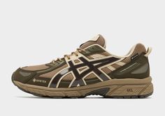 men's asics running shoes in khaki and brown with black accents