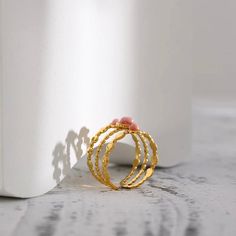 Agate Stones Stainless Steel 18K Gold Plated Open Resizable Ring Wide Gold Ring, Pink Stone Ring, Pink Stone Rings, Gold Statement Ring, Three Rings, Adjustable Base, Weird Shapes, Etsy Gold Ring, Bagan