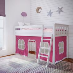 a white bunk bed with pink tent on top and stairs to the bottom, in a child's bedroom