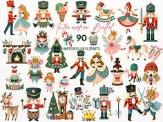 christmas clipart set with different types of holiday decorations and people in costumes, including nutcrackers