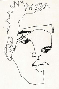 a black and white drawing of a man's face with hair in the middle