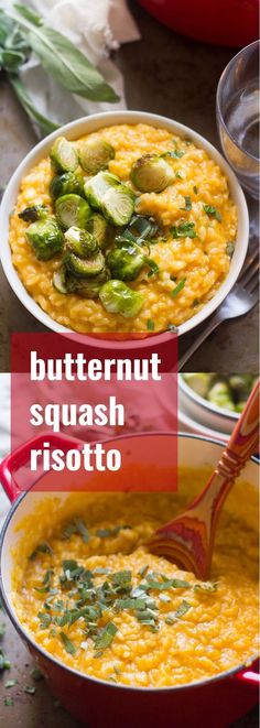 two pictures with different types of food in them and the words butternut squash risotto