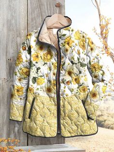 Fresh Yellow Flower Mosaic Decorative Pattern Casual Quilted Cardigan Casual Multicolor Outerwear With Floral Patchwork, Casual Floral Patchwork Outerwear For Spring, Casual Floral Patchwork Outerwear For Winter, Casual Winter Outerwear With Floral Patchwork, Fall Printed White Outerwear, Fall White Printed Outerwear, Winter Floral Patchwork Long Sleeve Outerwear, Long Sleeve Floral Patchwork Outerwear For Winter, White Printed Outerwear For Fall