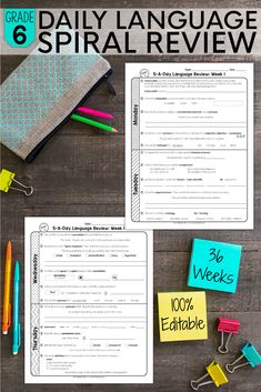 the daily language spiral review is shown with markers and pens
