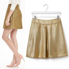 Metallic-Coated, Gold Tweed Mini Skirt From Banana Republic. Back Zipper Closure, Side Pockets, Inverted Pleat Detail In Front, Raw Hem, Fully Lined. Nwt -Bought New And Never Worn. Size 4. Waist: 14" Across Holiday Party Glam Bachelorette Golden Birthday Chic Gold Flared Skirt, Chic Gold Lined Skirt Bottoms, Chic Gold Bottoms With Lined Skirt, Elegant Gold Skirt For Fall, Chic Gold Pleated Skirt, Chic Gold Skirt, Chic Gold Mini Skirt, Gold Skirt For Fall Season, Gold Skirt For Fall