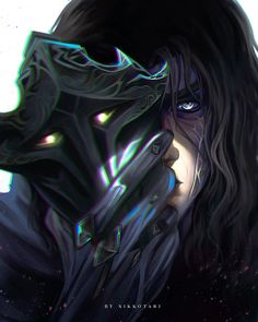 a digital painting of a woman with long hair and blue eyes holding a knife to her face