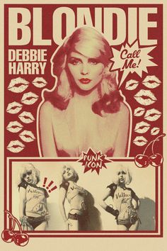 the blondie harry concert poster is shown in red and white, with an image of marilyn monroe