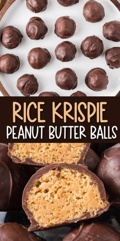 rice krispie peanut butter balls on a plate with the text overlay above it