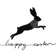 a black and white drawing of a rabbit jumping in the air with happy easter written on it