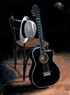 a painting of a guitar sitting on a chair