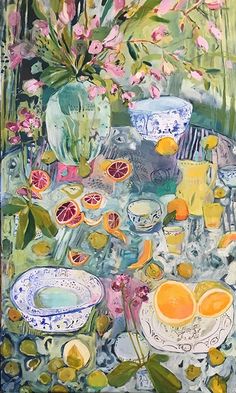 a painting of oranges and other fruit on a table with flowers in the background