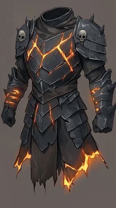 a drawing of a armor with flames coming out of the chest and hands on it