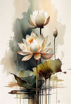 watercolor painting of two white lotuses with green leaves